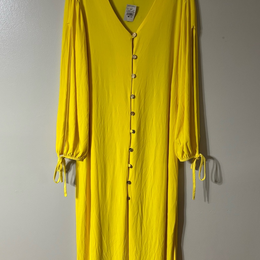 Ashley Stewart Yellow Buttoned Front Dress Open Sleeve with Tie